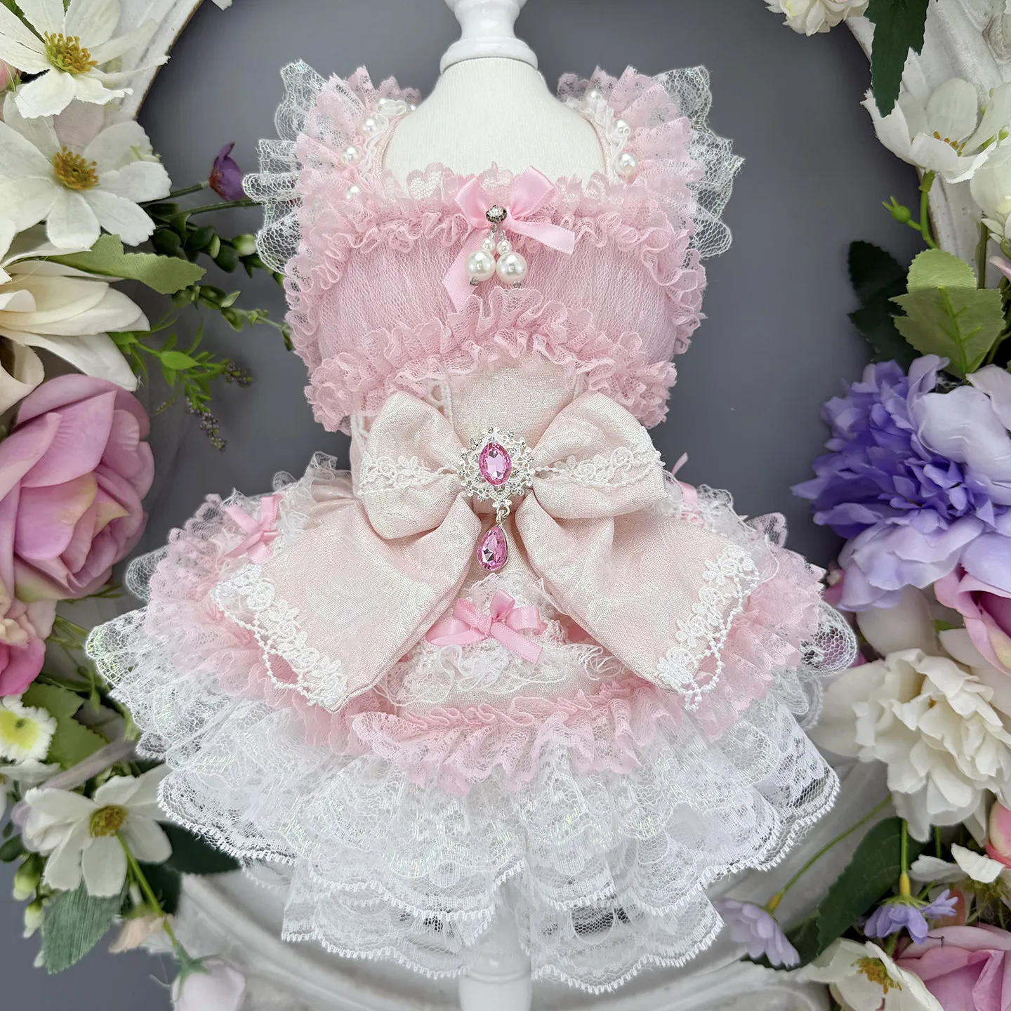 Handmade Custom Pink Pet Lolita Dress VIP Teddy Bear Pomeranian Pony Little Dog Birthday Outfit Cat Autumn Thin Design High End