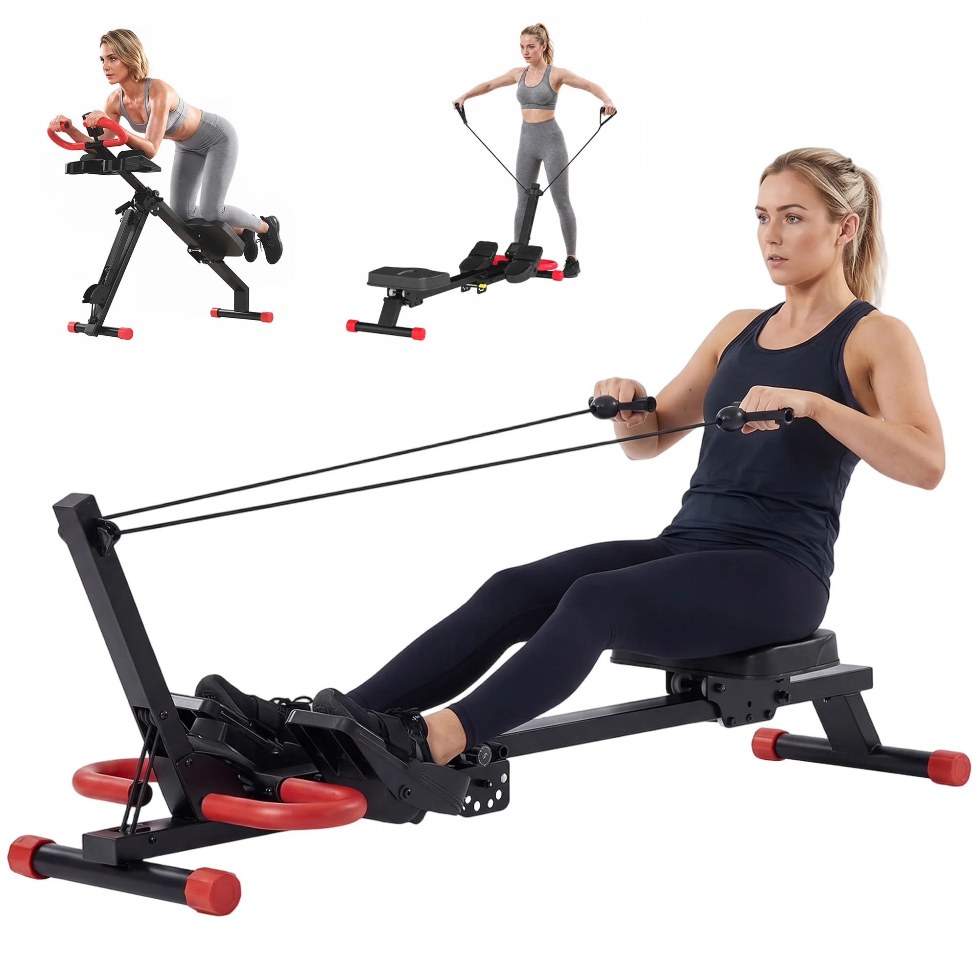 Sportnow Roeitrainer voor thuisgebruik, met instelbare weerstand, 2-in-1 opvouwbare roeitrainer en buikspiertrainer met LCD-scherm, gevoerde zitting, antislip pedalen, voor gebruik in de thuisgym,