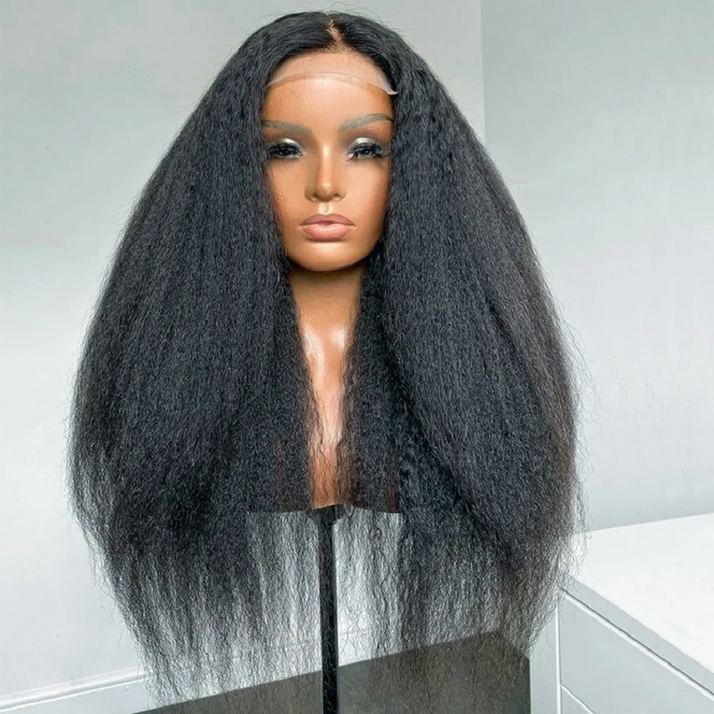 180 Density 26 inch Yaki  Soft Black Kinky Straight Preplucked Long Hair Wig For Women Natural Hairline Wig With Afro Baby Hair