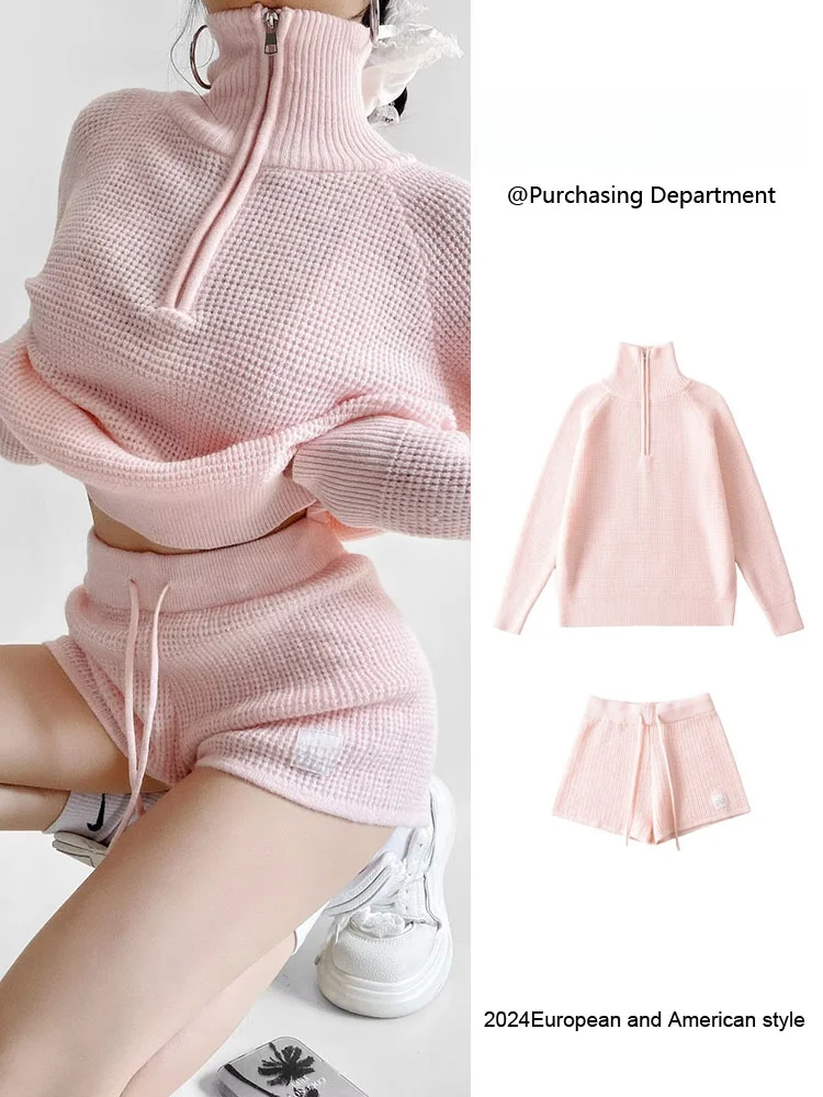 

Spring New Arrival Women's Knitted Overhead Top Straight Leg Wide Pants High Waist orts Tee Piece Set Faionable Ensemble