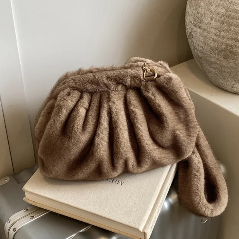 

Premium Soft Pleated Cloud Bag Fashion Faux Fur Luxury Handbags For Lady Crossbody Bag Exquisite Evening Bag Women's Shell Bag