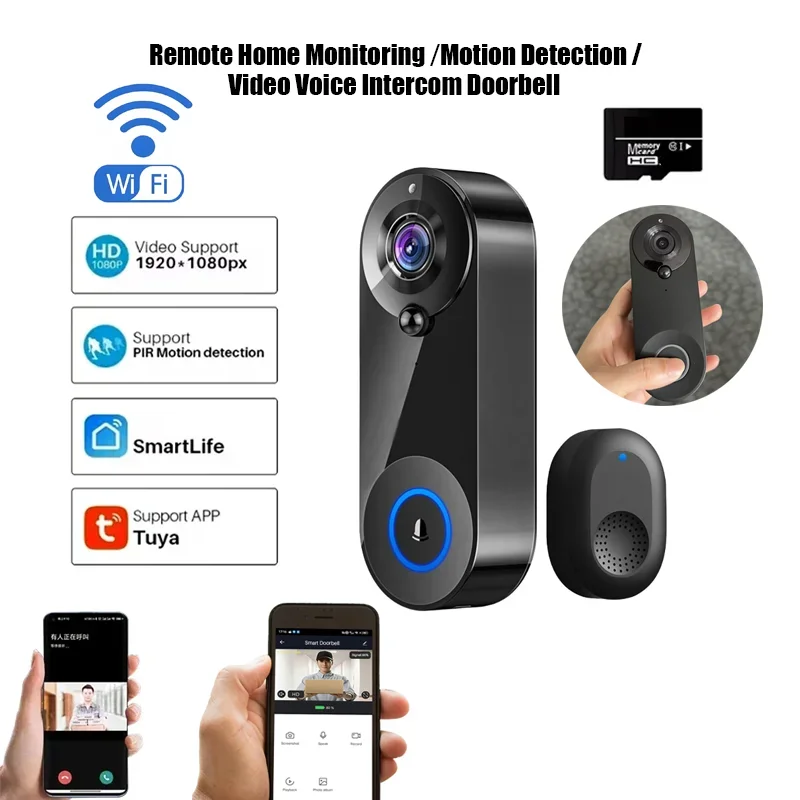 กริ่งประตูวิดีโออัจฉริยะไร้สาย WIFI ความละเอียด 1080P ระบบ Tuya Smart Home พร้อมฟังก์ชันตรวจจับความเคลื่อนไหว มองเห็นในเวลากลางคืน วิดีโออินเตอร์คอมแบบเสียง