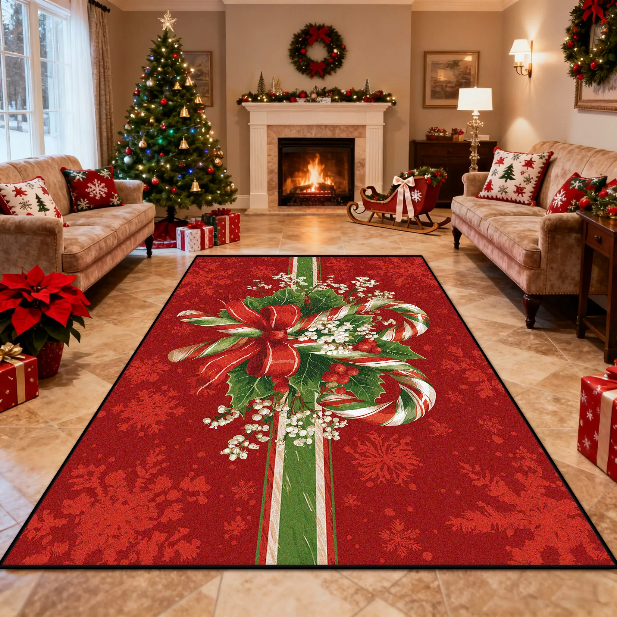 

Red Christmas Poinsettia Candy Soft Living Room Carpet Decoration Bedroom Fireplace Washable Rug Antiskid Short Velvet Floor Mat
