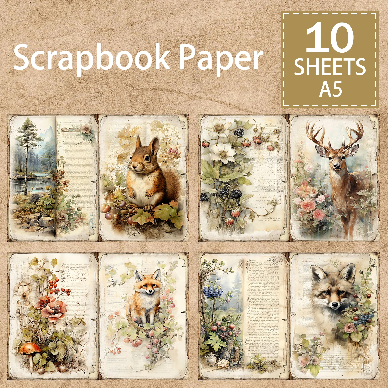 10 Sheets A5 Size Vintage Forest Animals Deer Squirrel Fox Student Stationery Vintage Grunge Journal Planning Scrapbooking