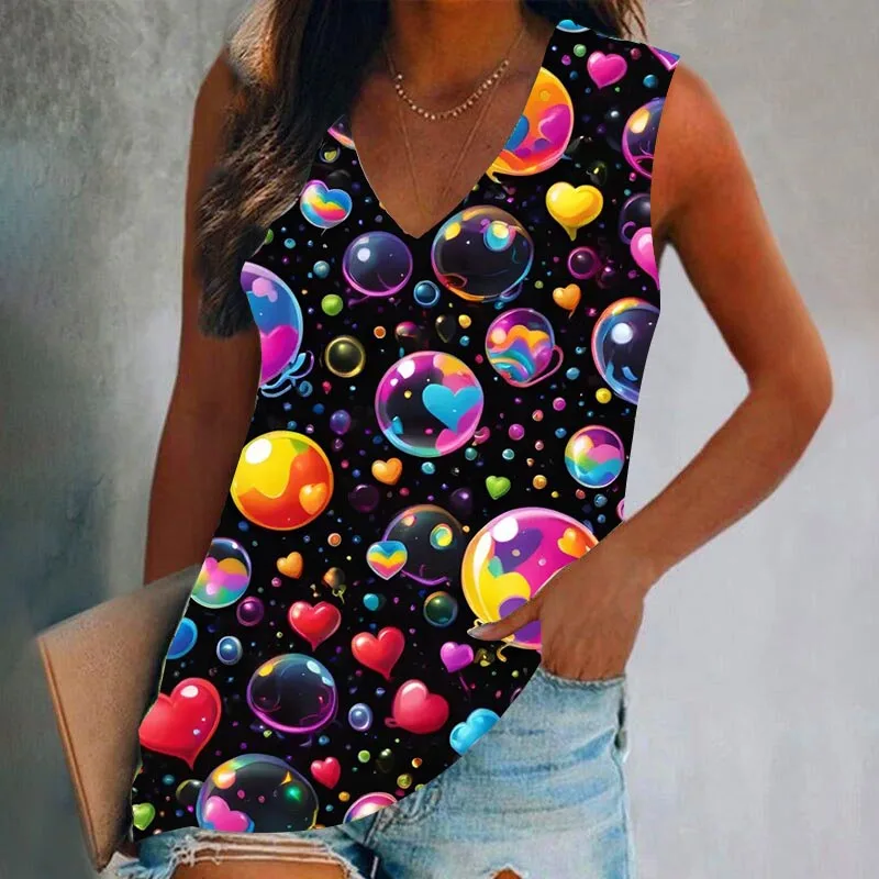 Summer Fashion Colorful Circle 3D Print Tank Tops Women Streetwear Oversized V-Neck Vest Off Shoulder Sleeveless Woman Camisole