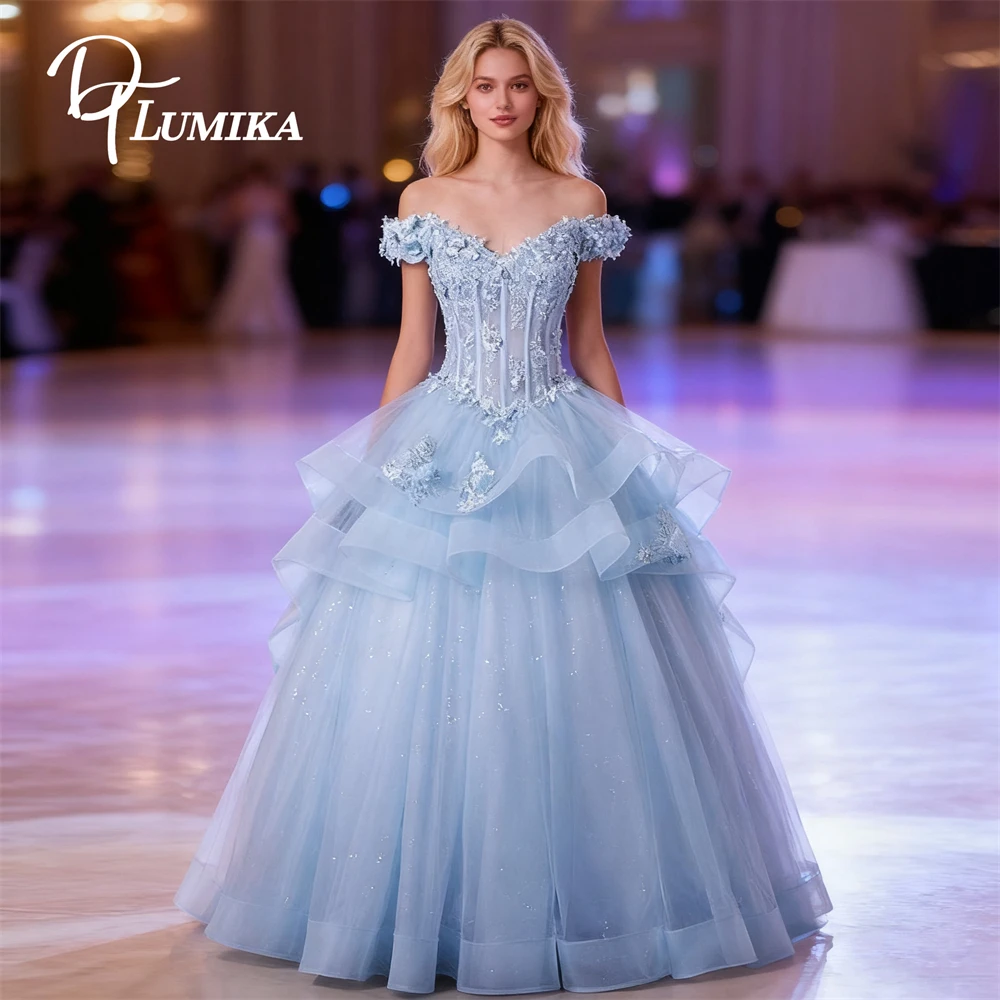 

DTLumika Off Shoulder Lace Corset Sweet 15 Dresses Mesh A Line Long Quinceanera Dress fot Women Customized Party Gown
