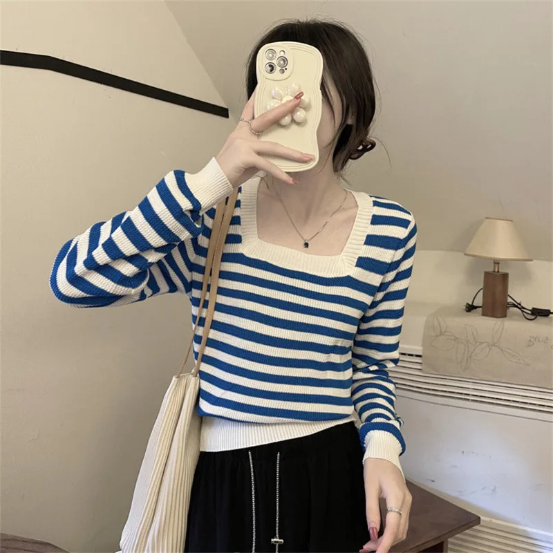 New style Korean version stripe Square Collar Women Knitted shirt Long sleeved Unique Pullover casual top Youth Elegant