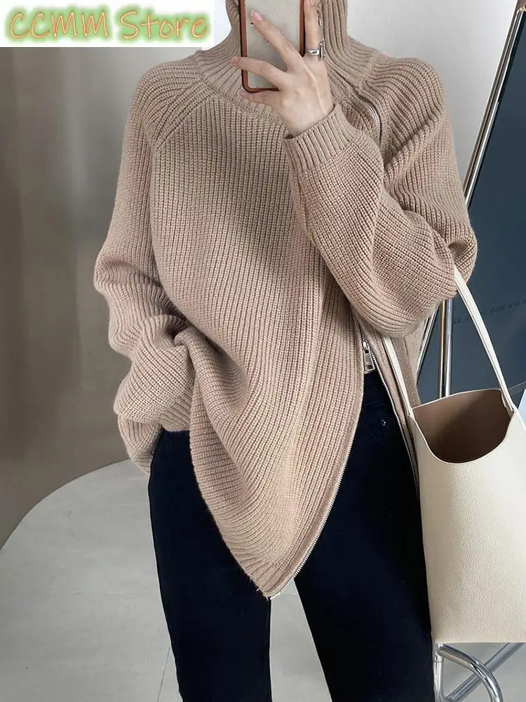 Zipper Slit Big Size Knitting Sweater Turtleneck Long Sleeve Women Pullovers New Fashion Tide Autumn Winter