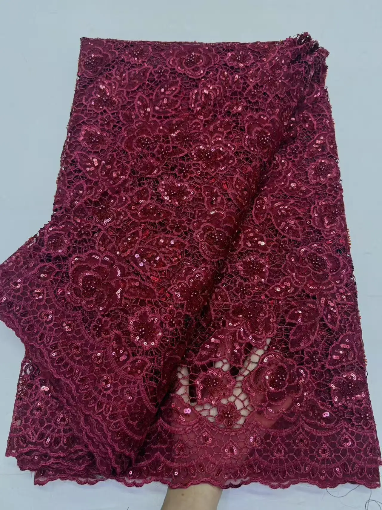 

2025 Luxury Chiffon Lace Fabric Handmade Beads Embroidery Net Lace Sequins For Women Wedding Dress