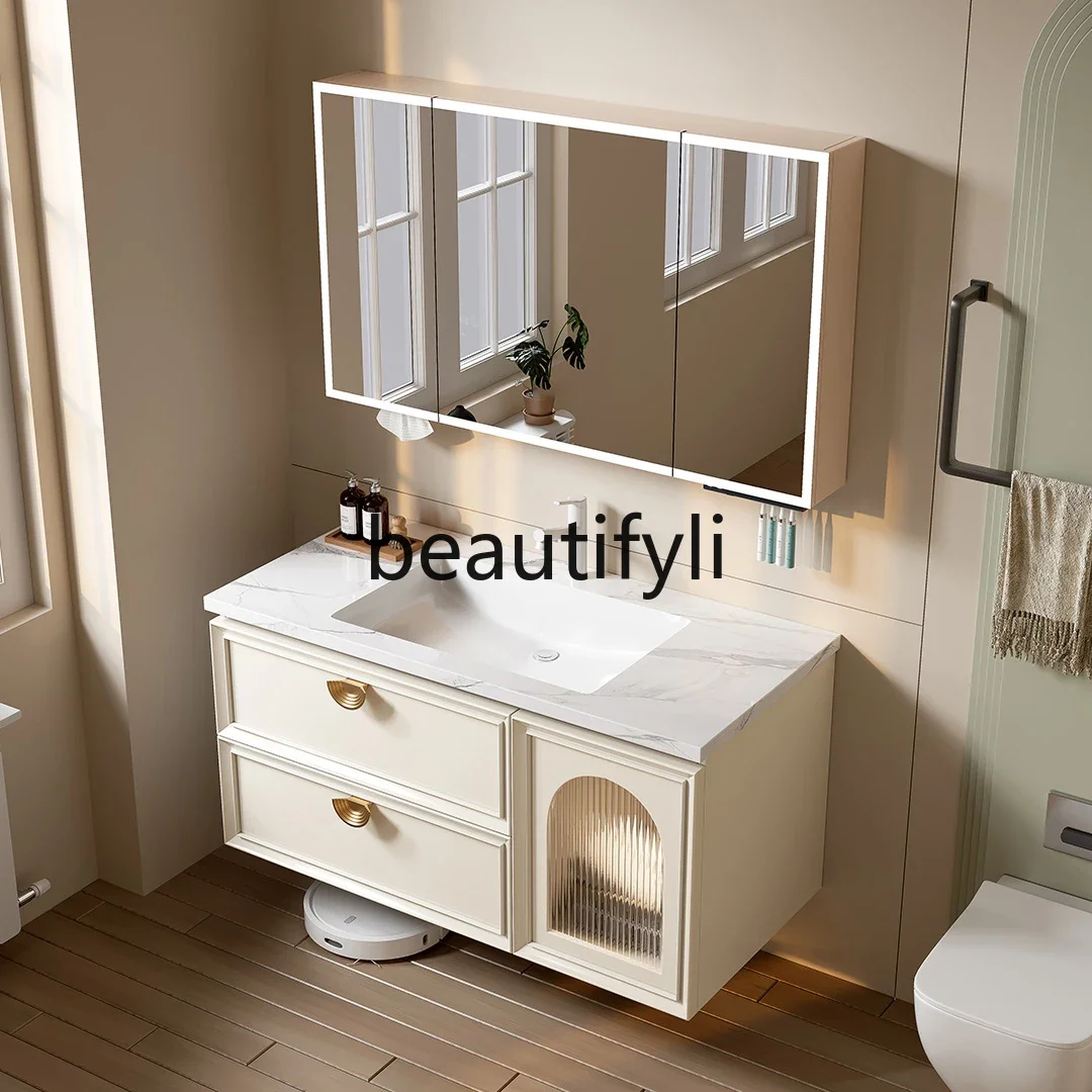 Shidisha's new cream wind bathroom cabinet combination rock slab ceramic seamless basin washbasin bathroom cabinet washstand