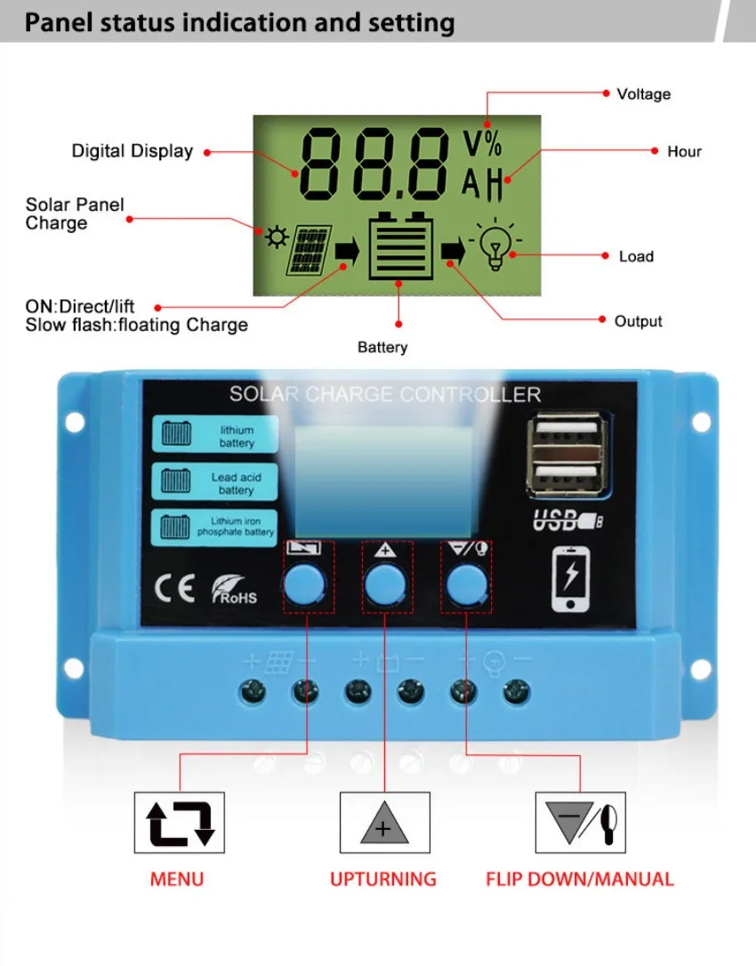 10/20/30A Solar Charge and Discharge Controller LCD Dual USB Solar Cell Panel Charger Regulator for Li-ion/Acid/Li-Fe Batteries