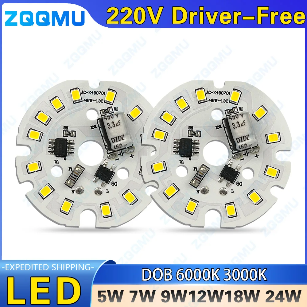 10PCS 24W 18W 12W 9W 7W 5W LED Chip SMD 2835 DOB AC 220V 240V No Driver Needed Cool Warm White Round Bulb Lamp Beads High