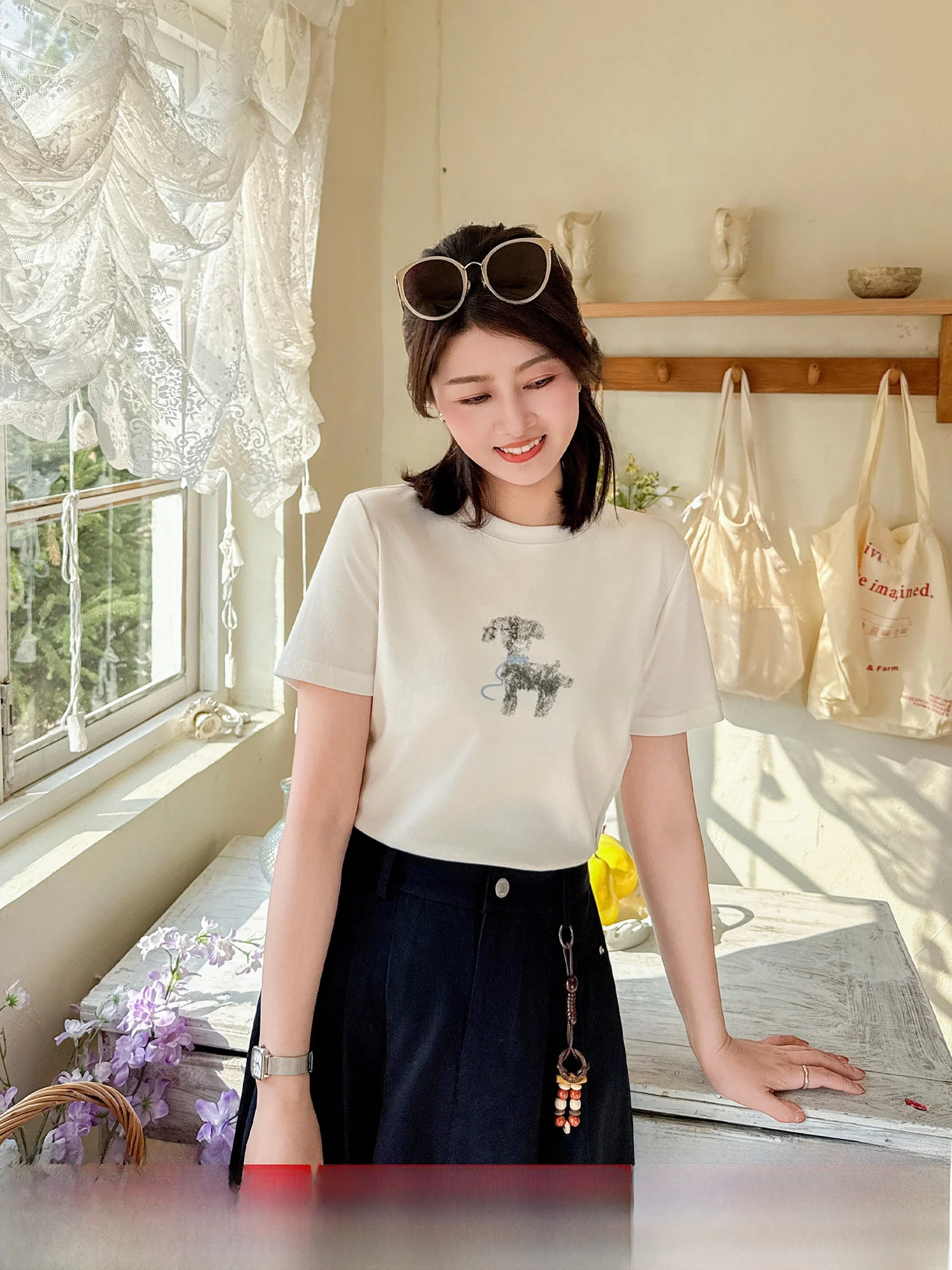 

Zillal Purple Dog Simple Style Cotton T-Shirt Short Sleeve Print Design Age-Defying Top for Women Spring Season round Neck
