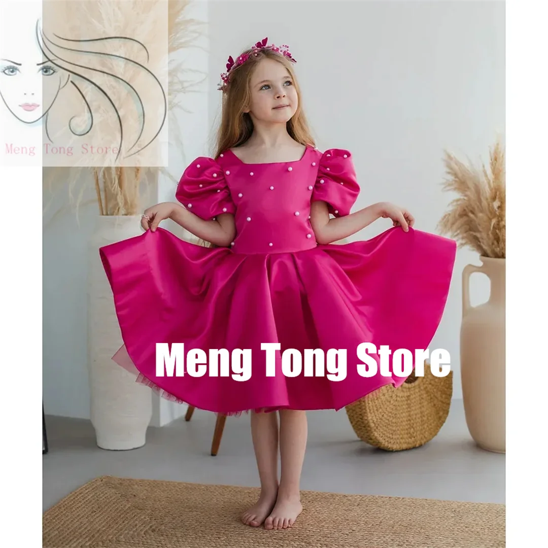 Customization  Flower Girl Dress For Wedding Knee Length With Pearls Puffy Short Sleeves Kids Birthday Party Pageant Ball Gown