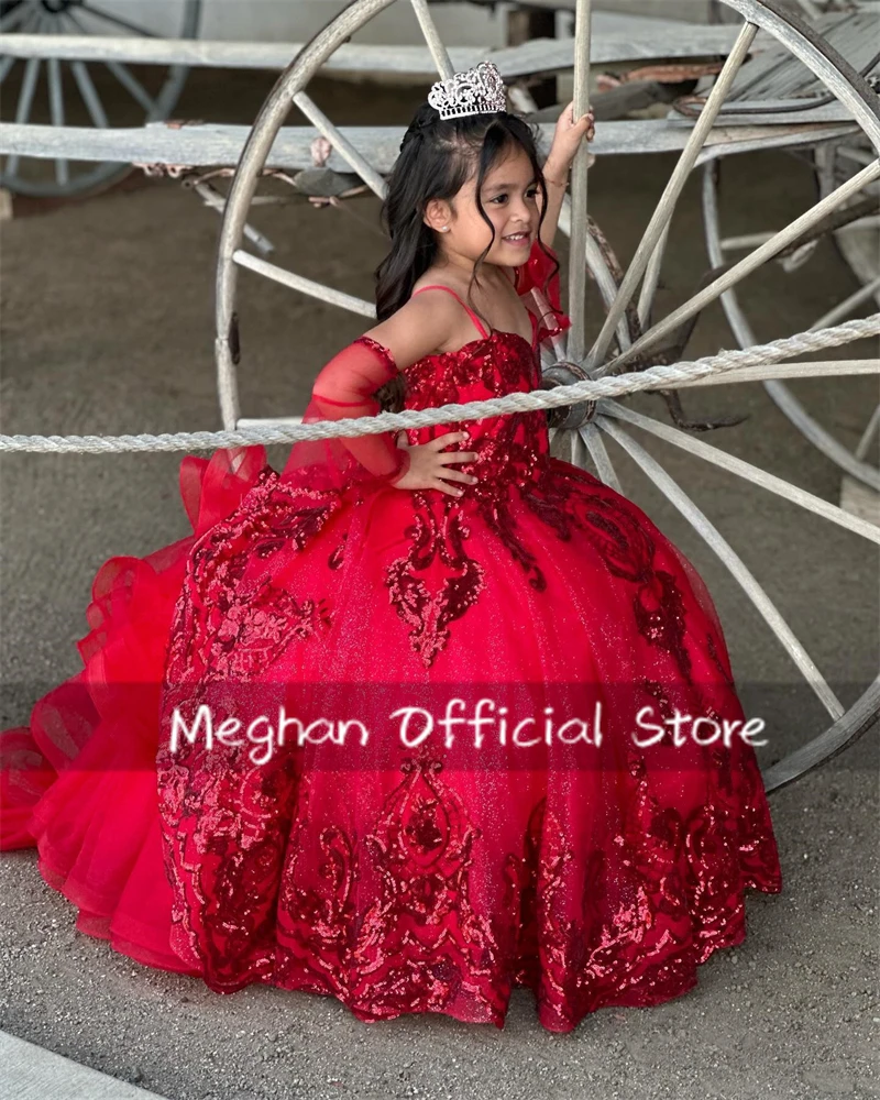 

Red V Neck Flower Girl Dresses Bead Appliques Beauty Pageant Gowns Sequin 2024 Birthday Luxury Dress Ball Gown With Sleeve