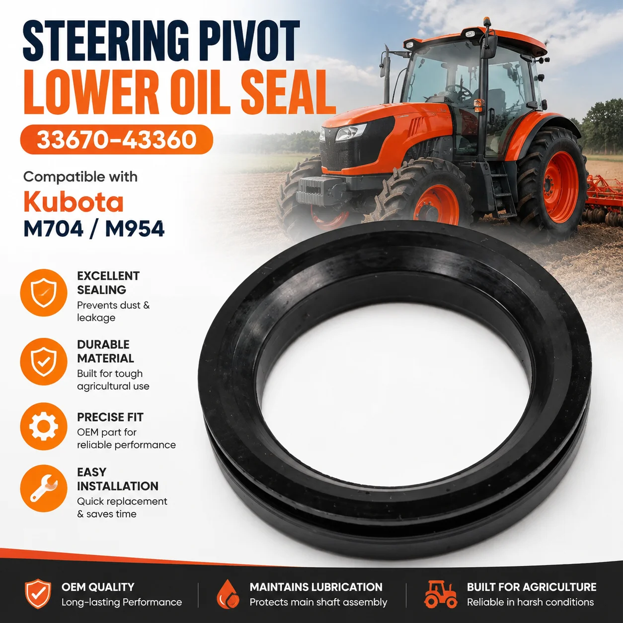 Lower Steering Pivot Oil Seal 33670-43360 for Kubota M704 M954 Tractor, Dust Proof Sealing, Robust Material, Easy Install