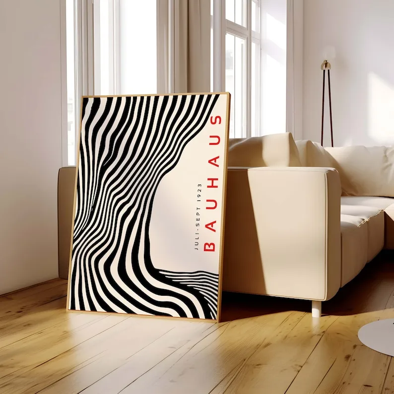 Mid-Century Modern Schwarzes Bauhaus Leinwand-Wandkunst-Poster, Ungerahmte Wellenförmige Minimalistische Bauhaus-Wandkunstdrucke für Wohnzimmerdekoration