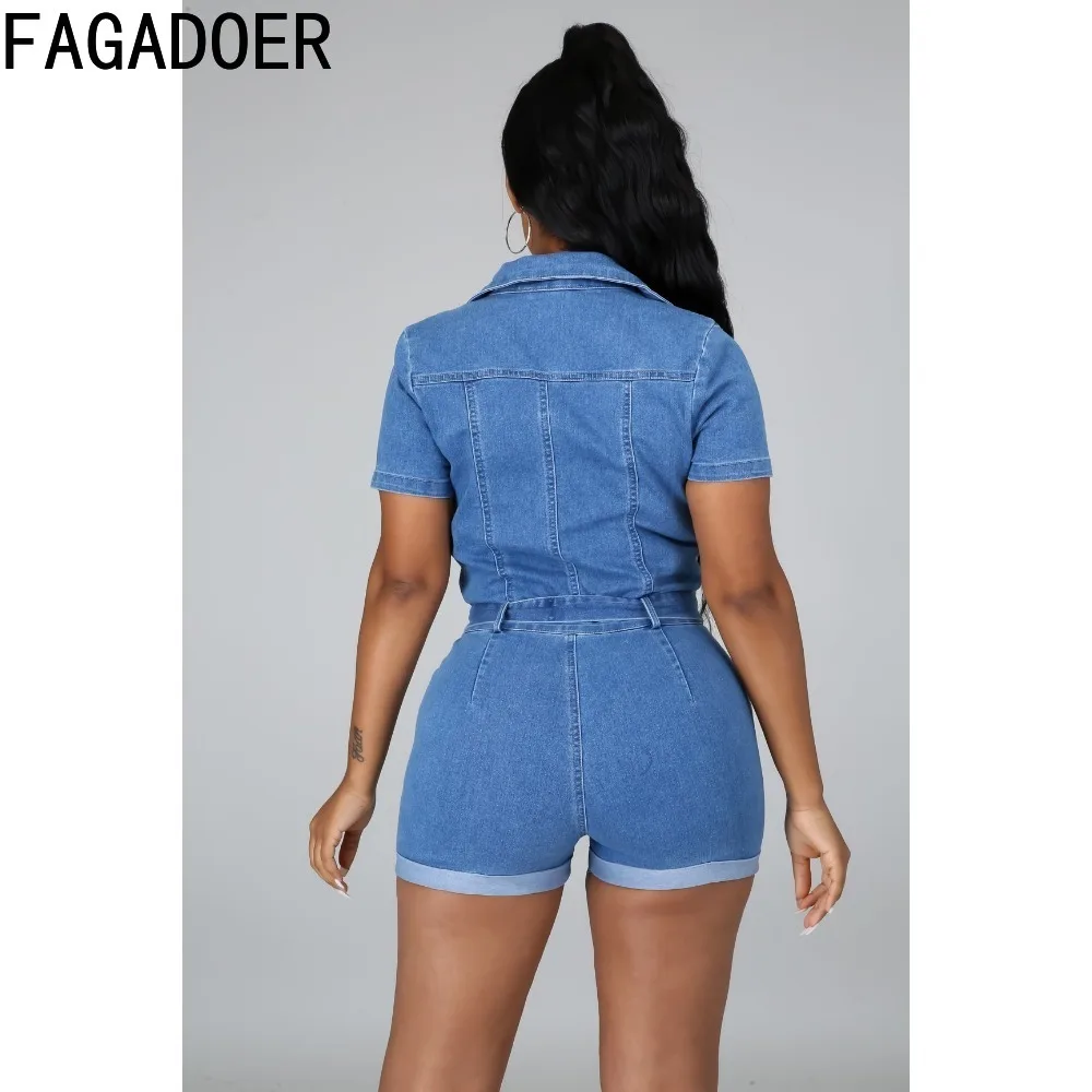 Fagadoer-macacões jeans com bolso para mulher, macacão jeans, manga curta, slim, com cordões e zíper, moda