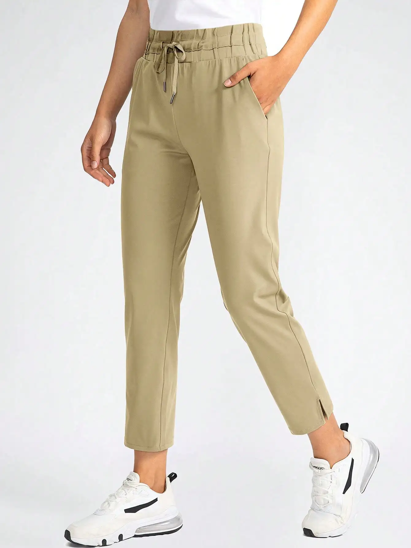 Women Loose Pockets Casual Elastic Waist Straight Pants Drawstring Solid Color Female All-Match Long Trousers New