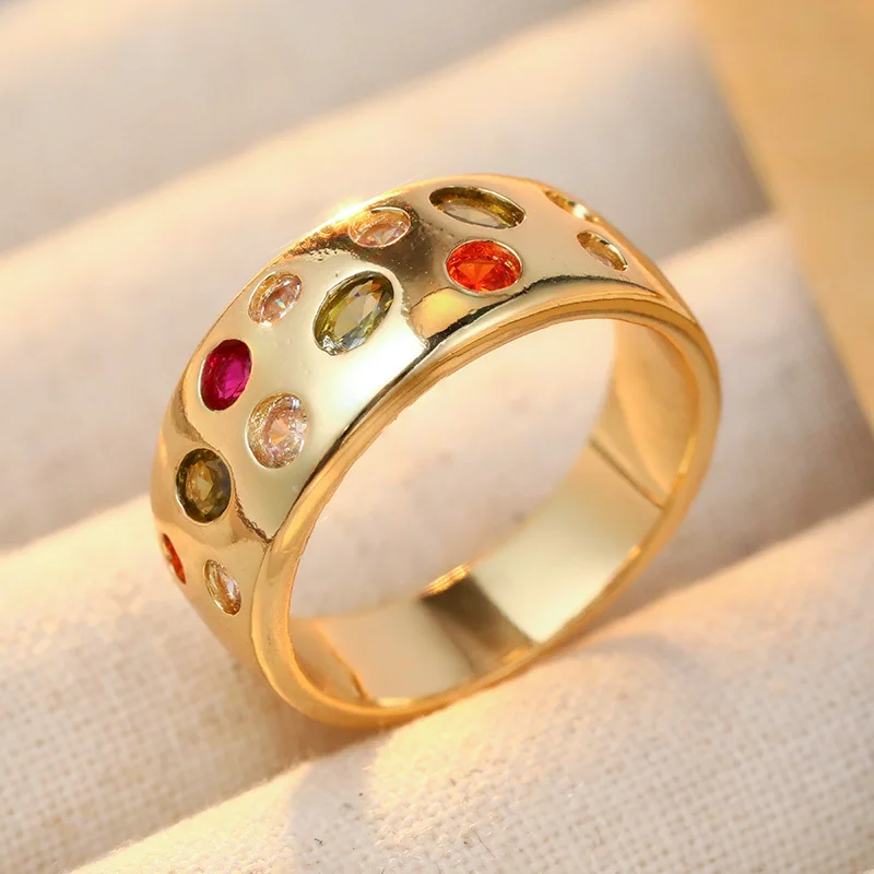 Trendy Multi Colored Synthetic Zircon Mixed Face Ring Retro Texture Copper Ring Women's Party Jewelry Ring