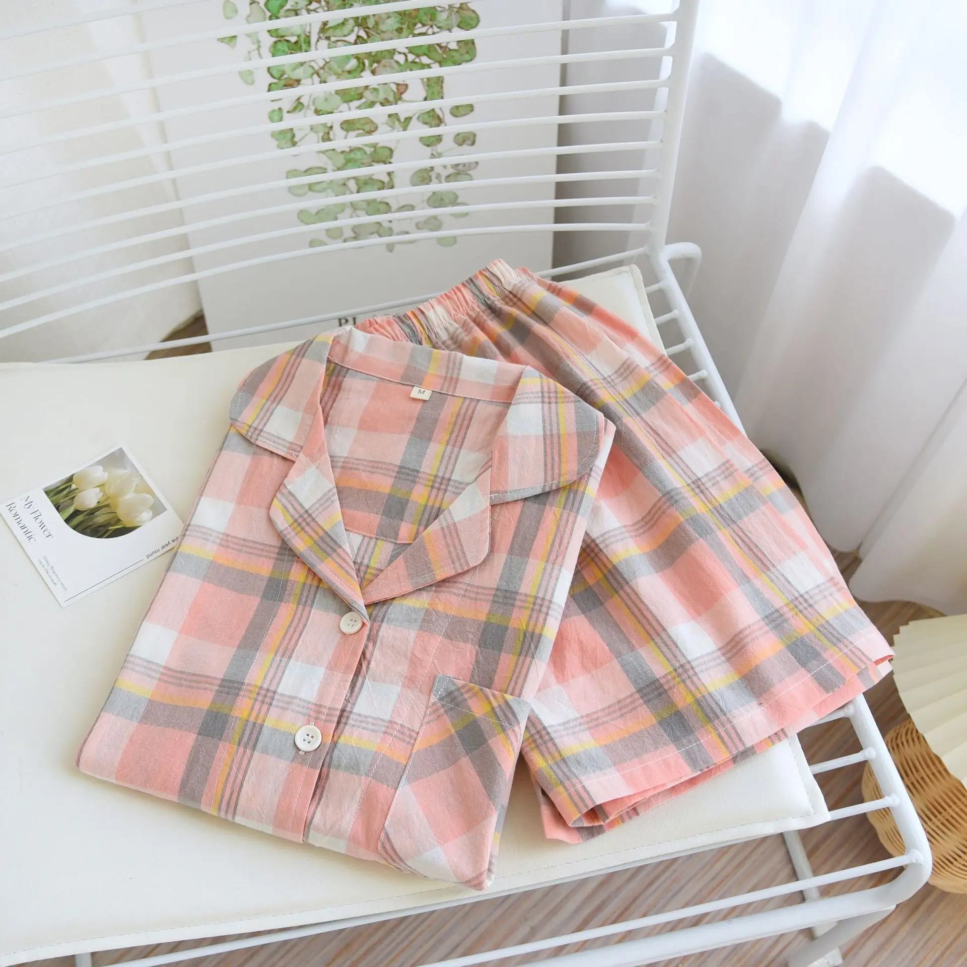 Summer Thin Short-sleeved Pajama Set For Women Washed Cotton Sleepwear Simple Plaid Loungewear Women's Pajamas Living Clothes