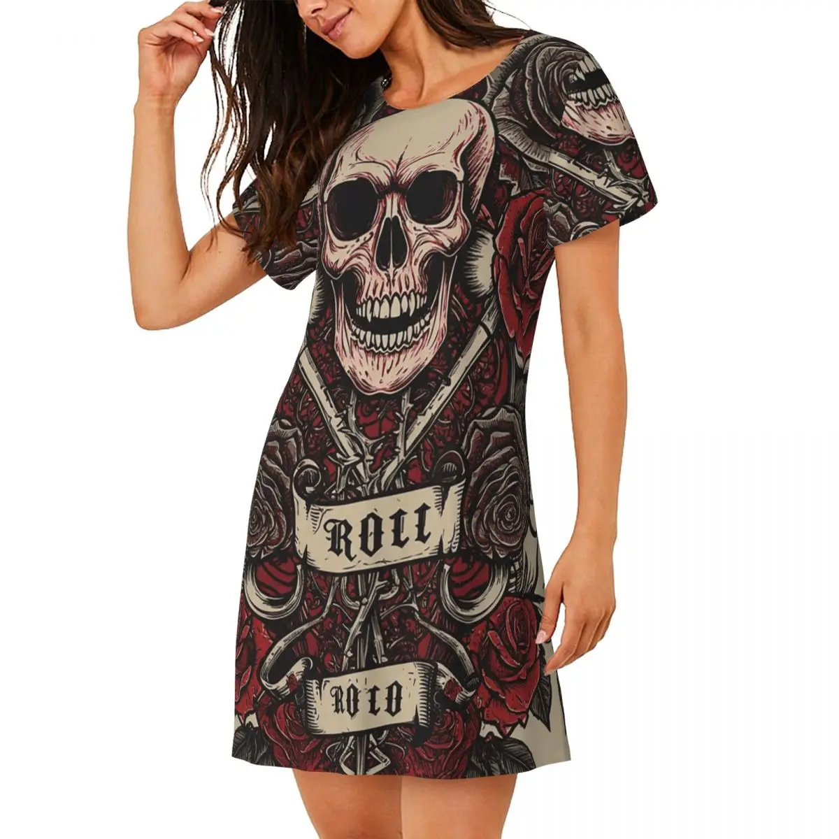 

Custom Crazy Rock Skull Rose Short Sleeves Nightdress For Sleeping Sleepshirts Women Short Sleeve Nightgowns Loose Pajama Dress
