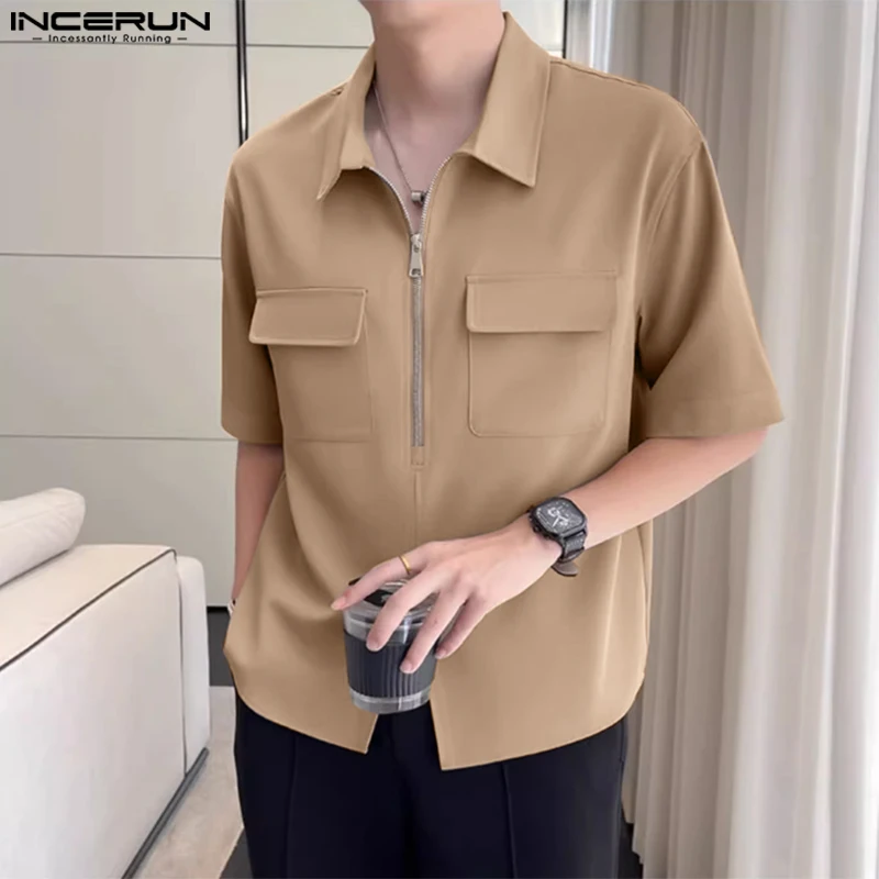 Handsome Well Fitting Tops INCERUN 2024 Men Half Zip Lapel Pocket Shirts Casual Streetwear Solid Short Sleeve Lapel Blouse S-5XL