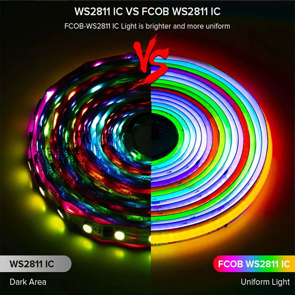 

12-24v High Density Flexible Fob Ws2811 Cob Led Lights Cob Rgbic Led Strip Ws2812b 720 Addressable Rgb Pixels Full Color 10mm
