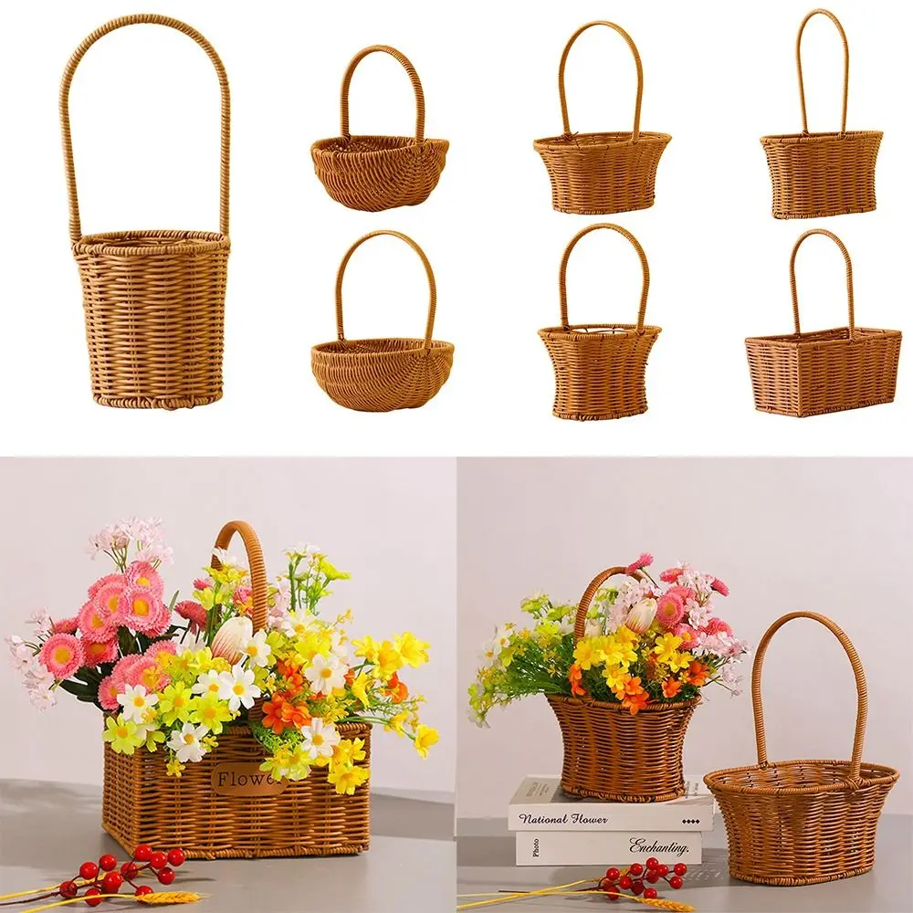 Nachahmung Rattan Haltegriff Weben Korb mit Griff Braun Hängenden Korb Wohnzimmer Kleinigkeiten Organizer Geflecht Lagerung Körbe