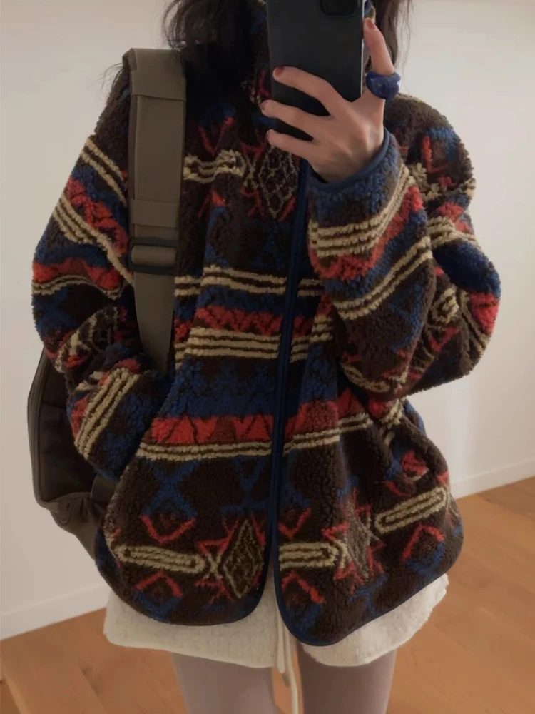 

Korean Chic Retro Ethnic Style Stand Collar Jackets Polar Vintage All-match Fleece Coat Women Autumn Winter Lomng Sleeve Tops