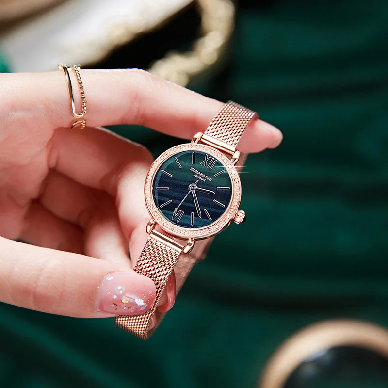 Fashion Retro Round Small Green Watch Elegant Student Roman Small Dial Steel Band Quartz Women's Watch