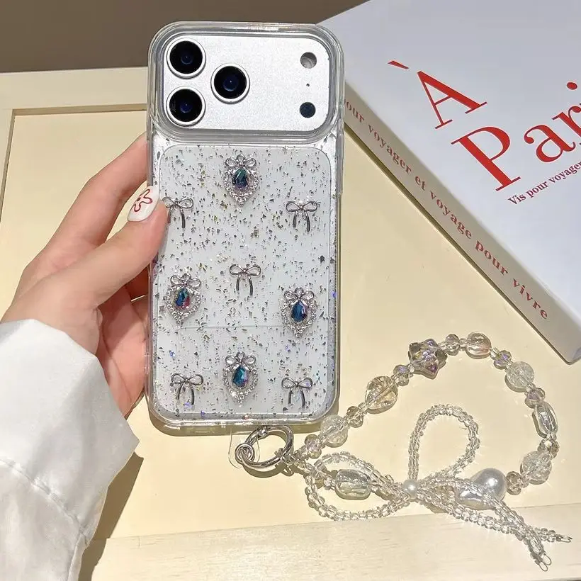Vintage Coquette Shiny Bow Rhinestone Clear Glitter Phone Case for 17 Pro Max Crystal Bead Wrist Strap Cover for iPhone 16 15 14