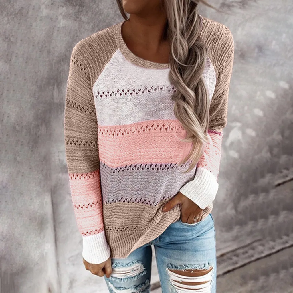 

Fashion Casual Patchwork Pullover Women Round Neck Long Sleeves Loose Fit Sweater Tops Casual Hollow Out Daily Sweatshirts