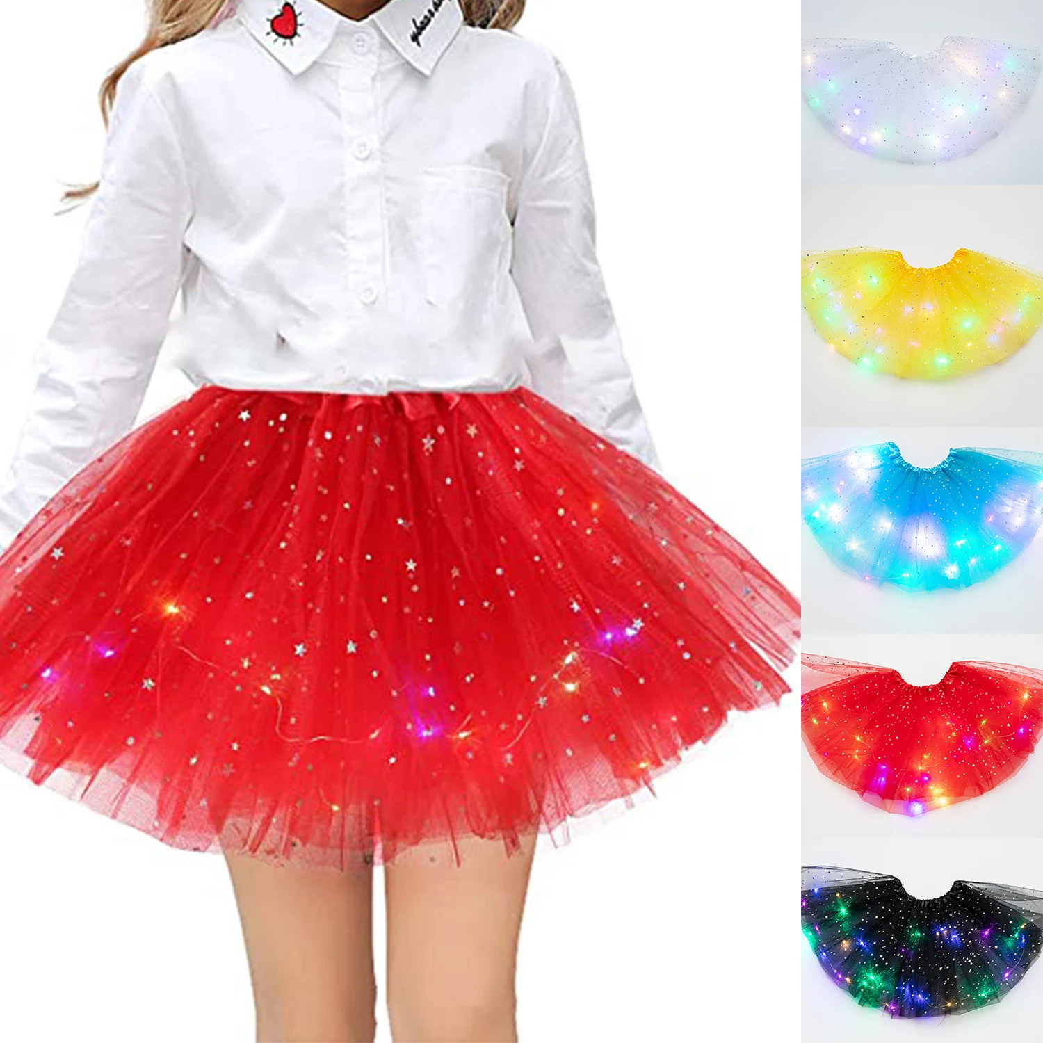 Saia de estrela de tule brilhante LED para mulheres, tutu curto, mini saia extravagante ballet dancewear, traje de festa, vestido de baile