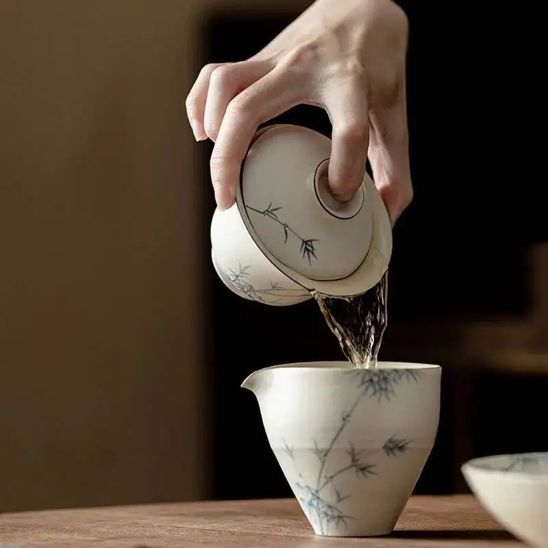 

Розовые чернила, белые чернила с ручной росписью, бамбук, Цинран Гайвань, грубая керамика, стиль ваби-саби, чайная миска ручной работы Ercai, домашний чай