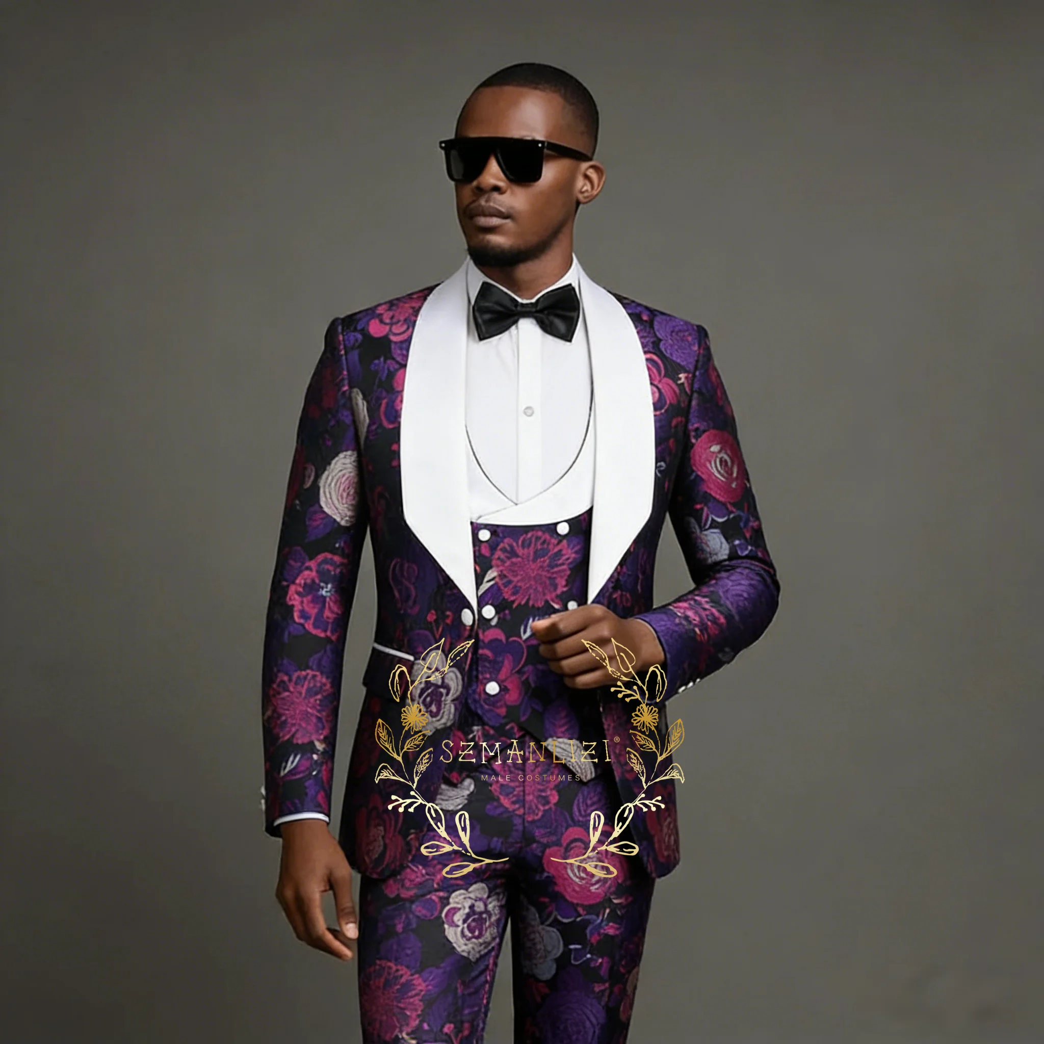 

Purple Floral Suits Men Jacket Vest Pants 3 Pieces Groom Wedding Tuxedos Customized Prom Party Dress Blazers Terno Masculino