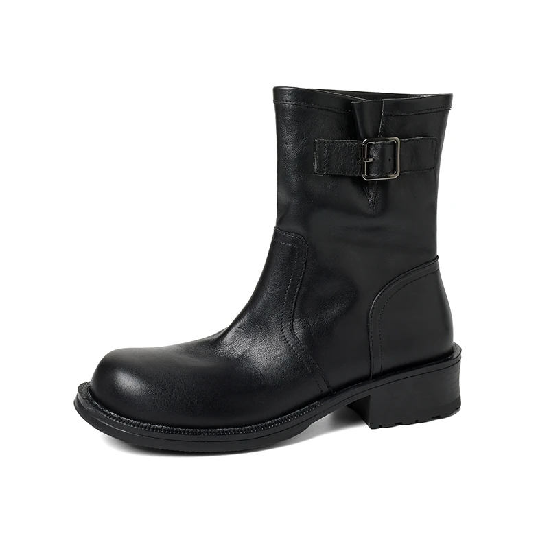 2027 New Plus Size 34-42 Genuine Leather Boots Women Shoes Buckle Retro Ankle Motorcycle Boots Winter Western Half Knigh Boots
