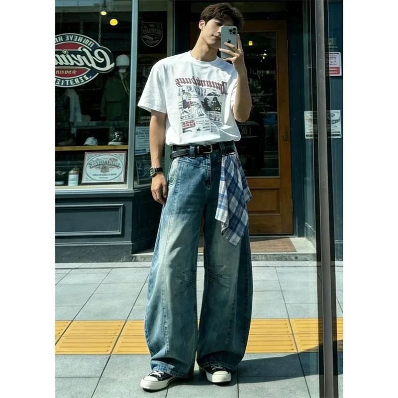 American Retro Baggy Jeans for Men Women Wide Leg Denim Trousers With Removable Plaid Scarf Streetwear Loose Fit Pants