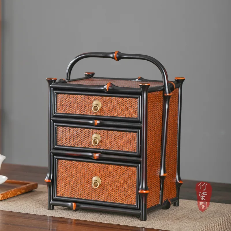Portable Bamboo Woven Tea Storage Box Three Layer Desktop Organizer Chinese Style Painted Tea Set Cabinet Large Capacity