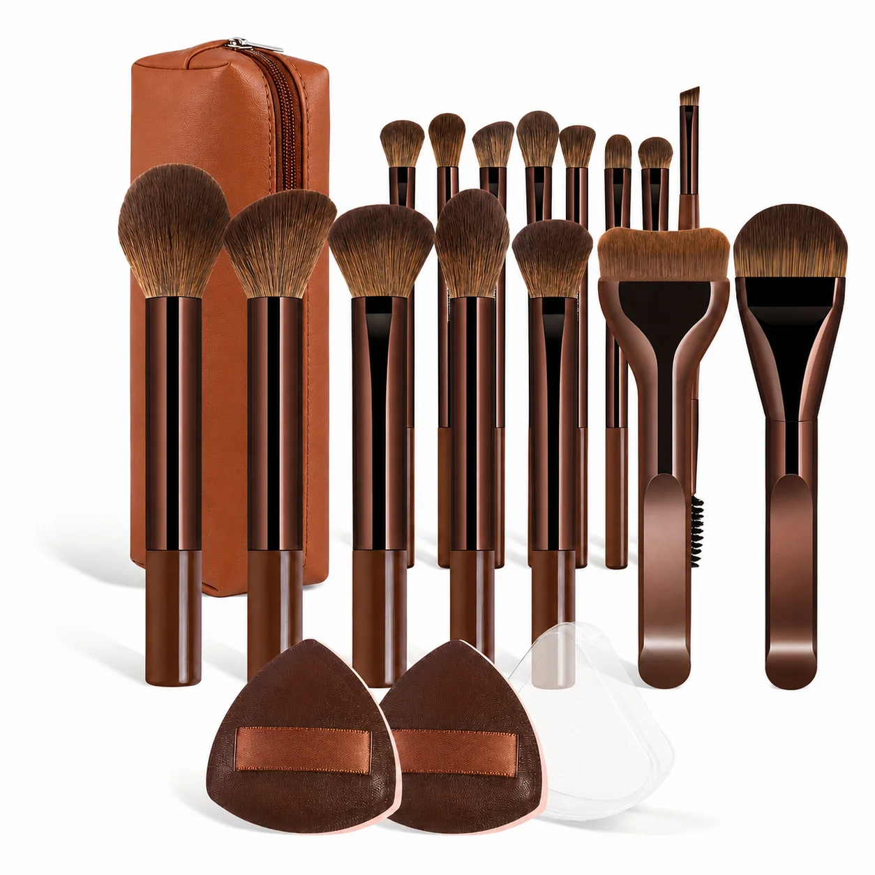 Makeup Brush Set - 18pcs High-Value Multi-Functional - Including 15 Makeup Brushes + 2 Powder Puffs + Makeup Bag - Travel-Friend