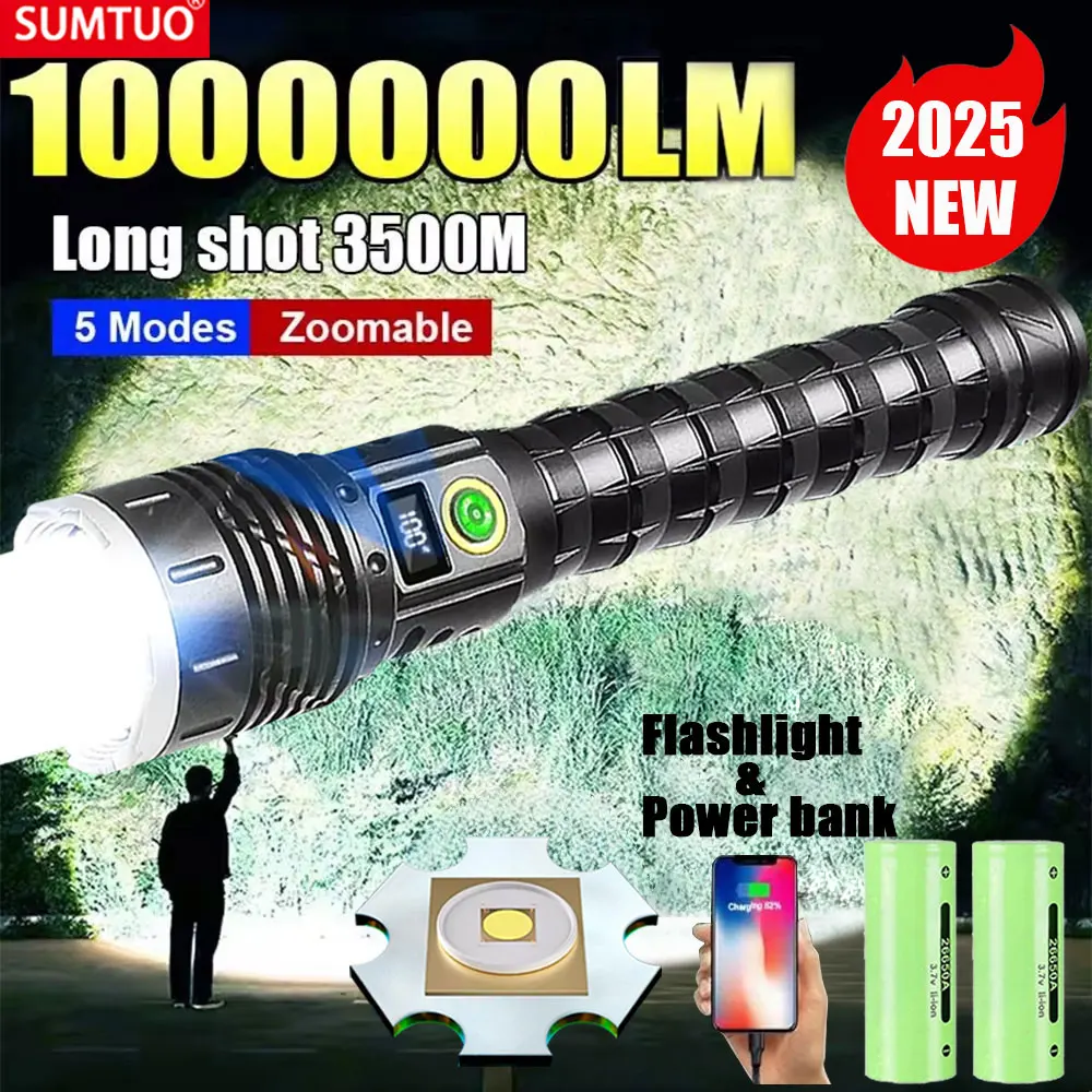 

10000000LM Most Powerful LED Flashlight USB Rechargeable Lamp 900W LED Flashlights High Power Tactical Torch Long Shot 4000M