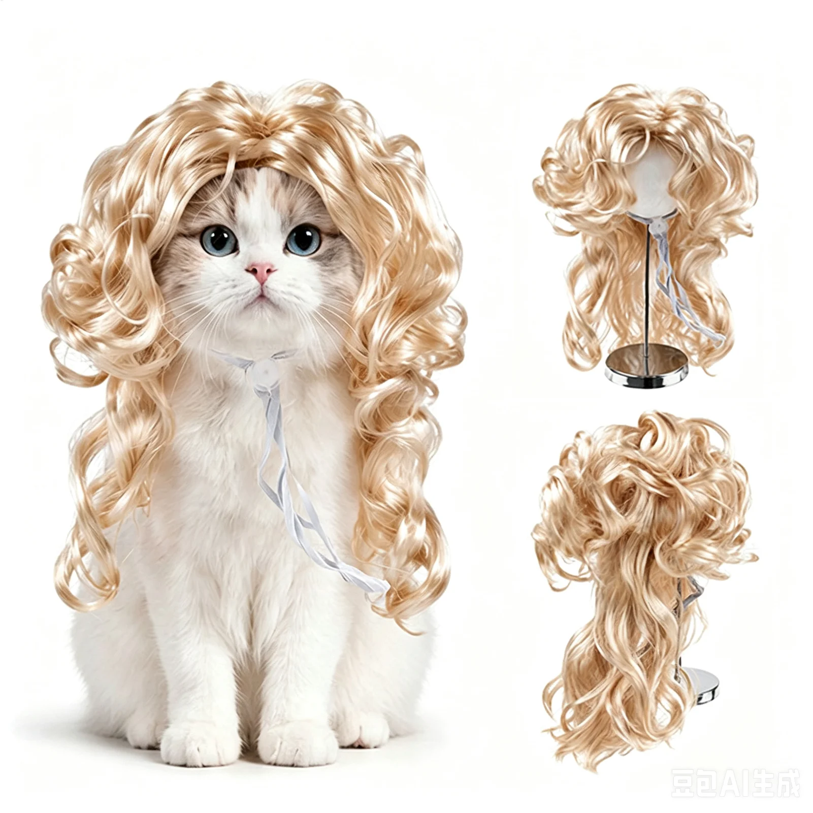 Verstellbare Haustier-Bob-Perücke mit Pony, wiederverwendbar, für Hunde und Katzen, Cosplay-Perücken, zum Verkleiden, angenehm zu tragen, lustiges Katzenkostüm – Detail 5
