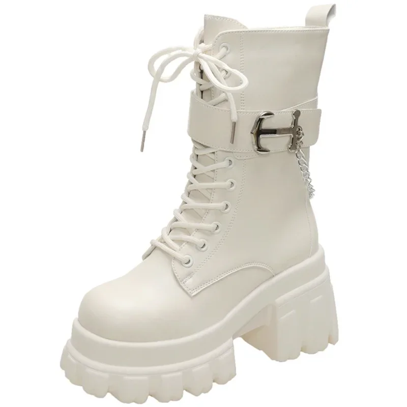 

Ботинки до середины икры на массивной платформе 9 см, женские новые осенне-зимние мотоциклетные ботинки, женские нескользящие кожаные армейские ботинки на толстой подошве