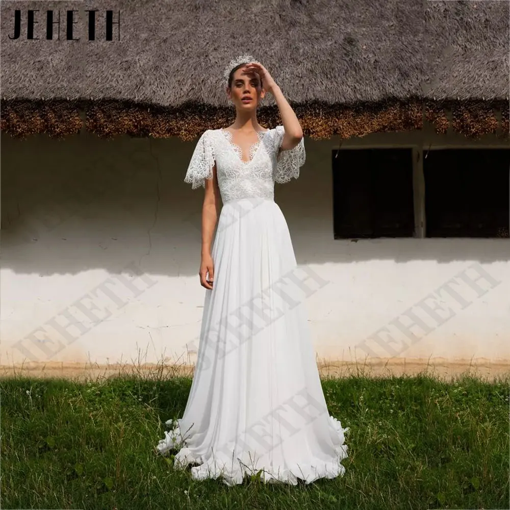 

JEHETH Lace V-Neck Chiffon Wedding Dresses Short Sleeves Backless Bride Gowns Back Buttons Boho vestidos novias boda Custom Made