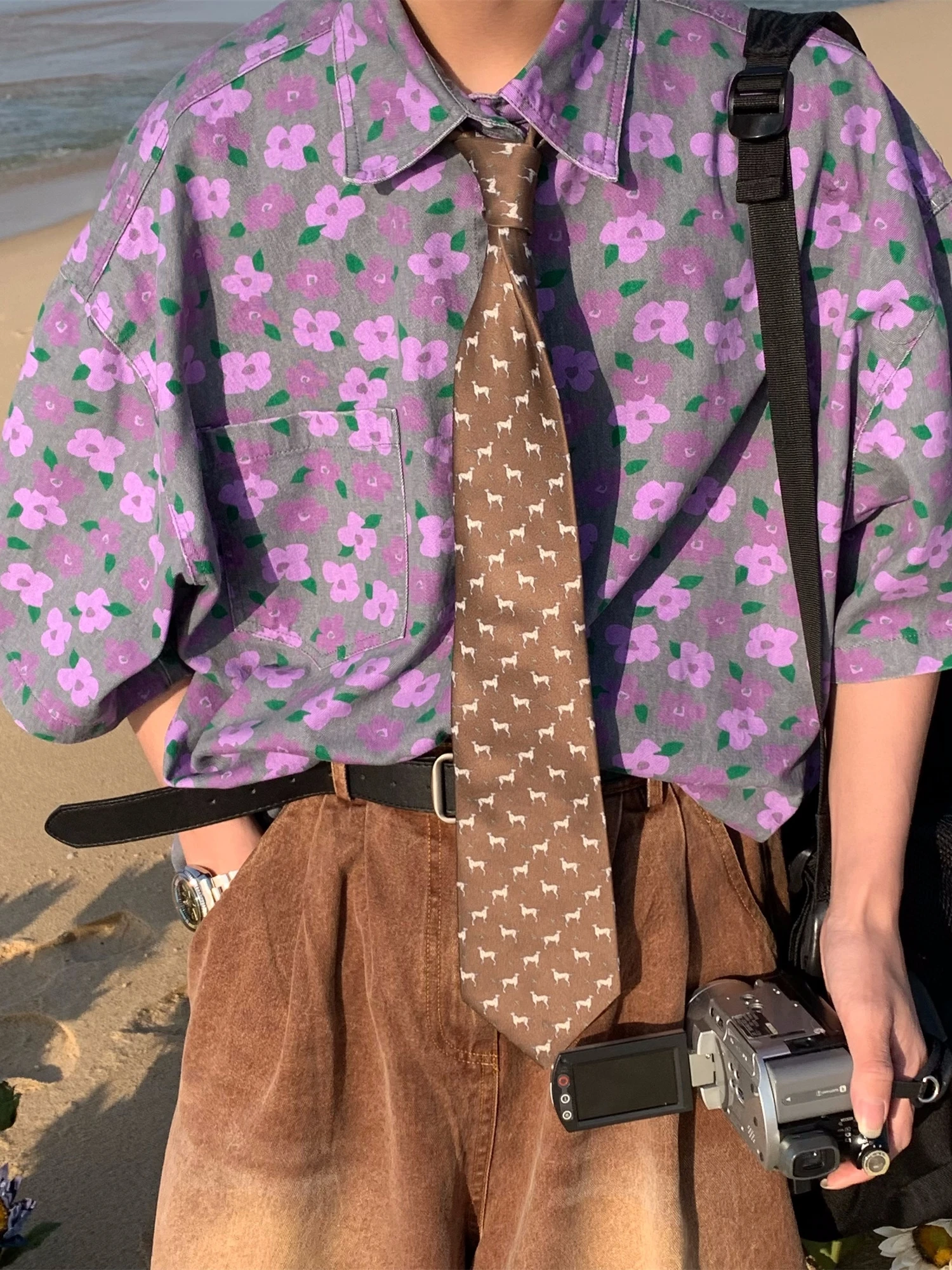 

Ретро-топ в японском стиле улджанг с фиолетовым цветочным принтом, свободный крой, летний повседневный молодежный тренд, свободный крой, с принтом