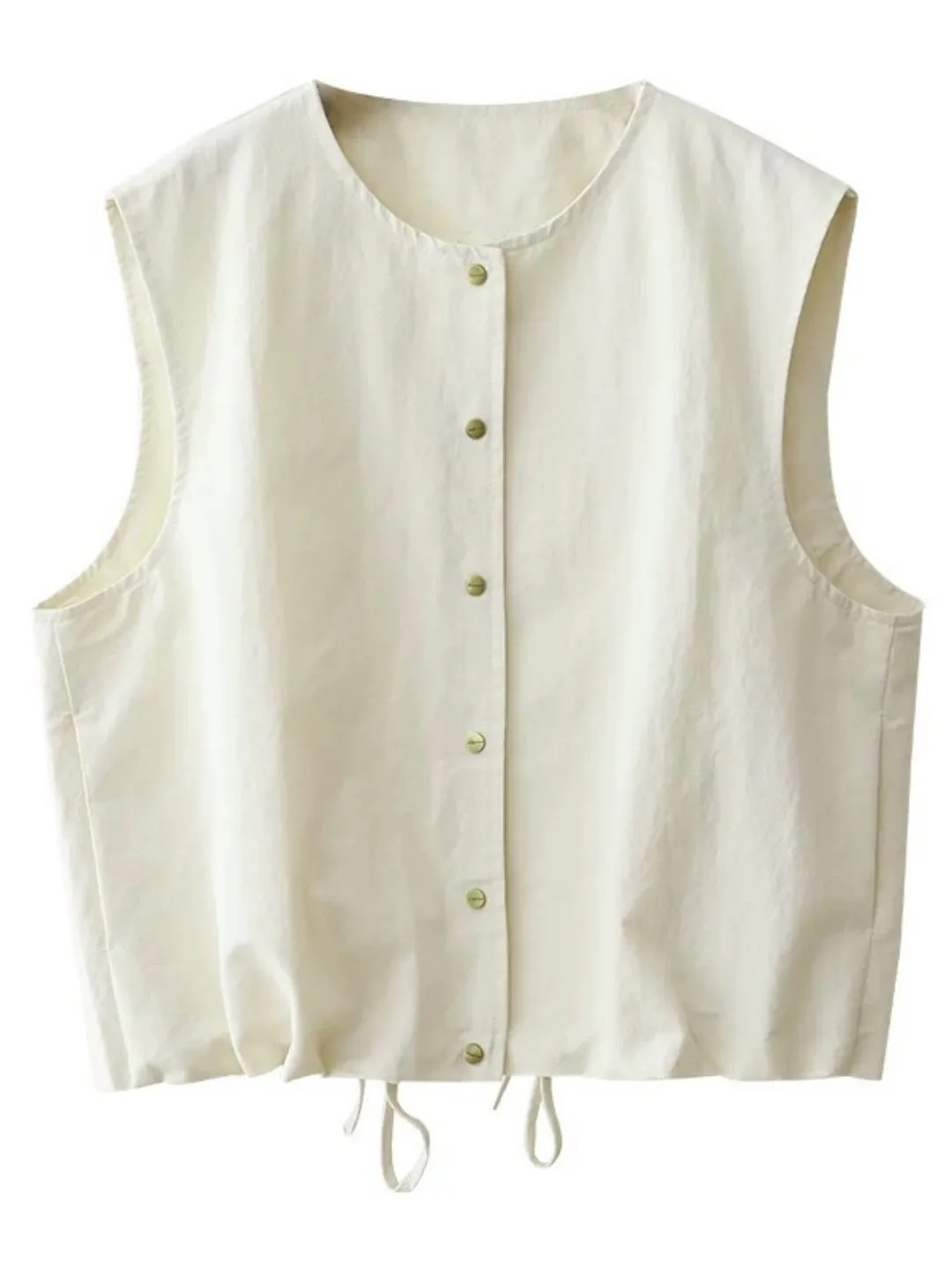 Large Size Women's Pure Color Fashionable Sleeveless round Neck Vest with Drawstring Hem Button up Versatile Layering Top 5
