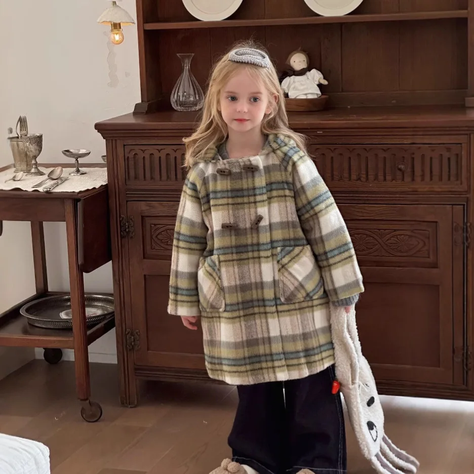 Abrigo de Tweed de otoño para niñas, abrigo de longitud media con capucha de lana acolchado para niños, ropa de moda de estilo Simple coreano