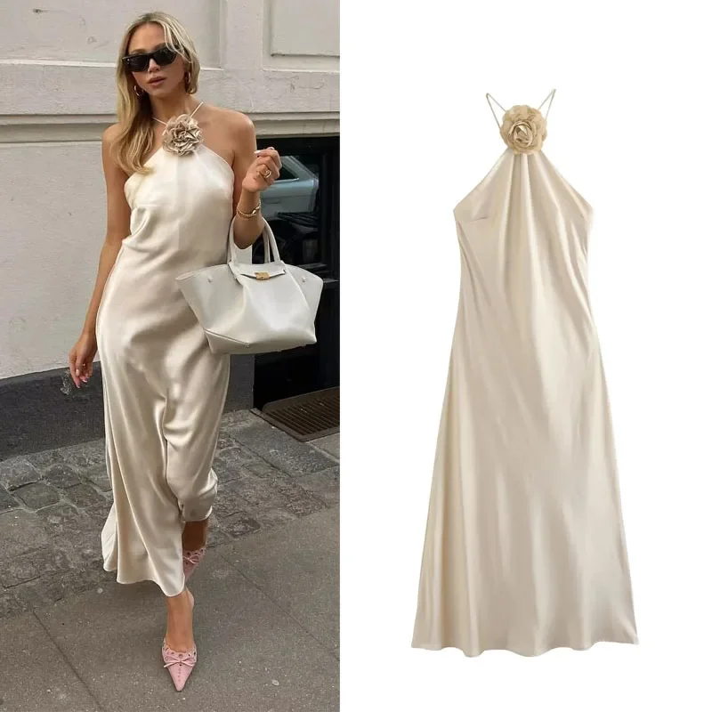 

New Flower Halter Dress Woman Off Shoulder Satin Long Dress Women Backless Sexy Evening Dresses Summer Party Dresses For Women