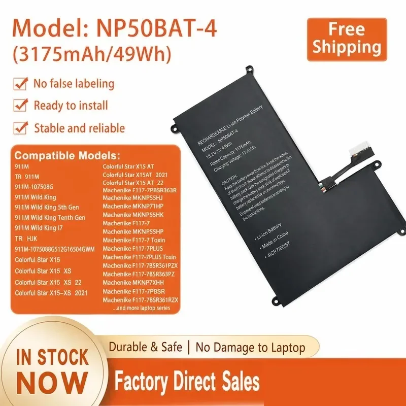 [NEW] 15.2V 49Wh Laptop Battery NP50BAT‑4 for Thunderobot 911M TR HJK for Colorful X15 for Machenike F117‑7 Battery