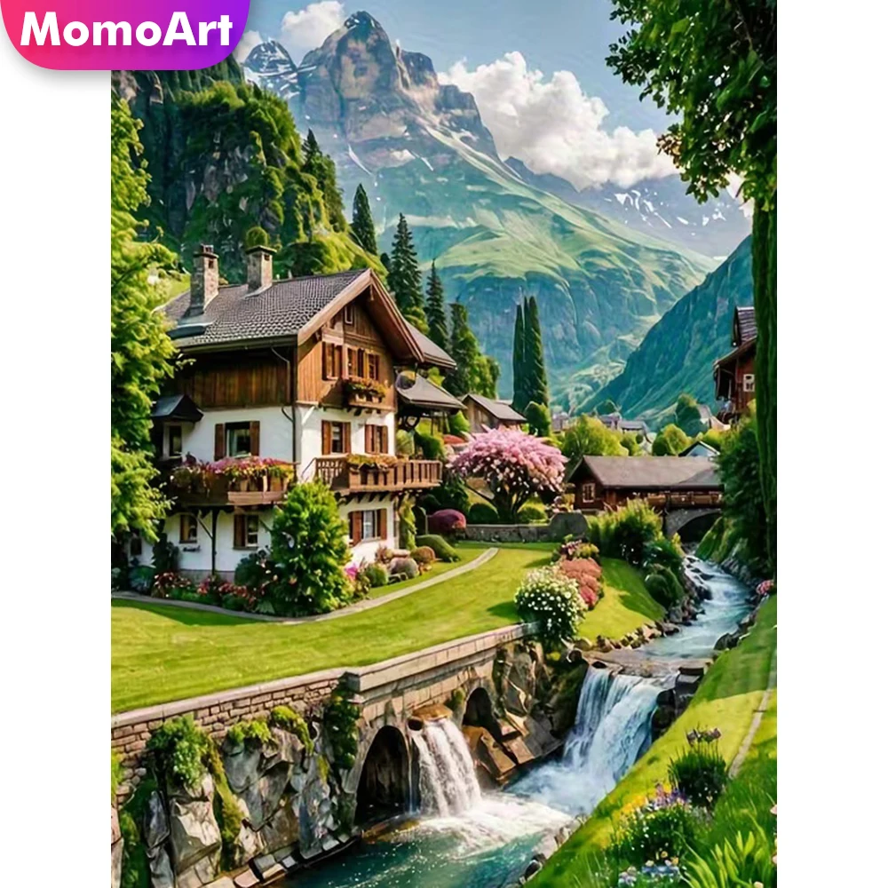 Momoart New Arrival Diamond Embroidery Mountain Landscape Rhinestones Full Drill Mosaic House Painting Tree Picture Wall Decor